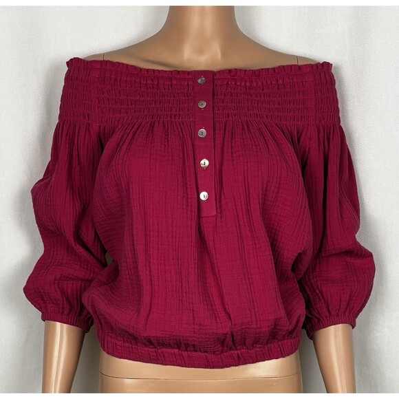 Evereve Roan + Ryan Women’s Size Small Fuchsia Kamryn Gauze Off Shoulder Top - Picture 2 of 10